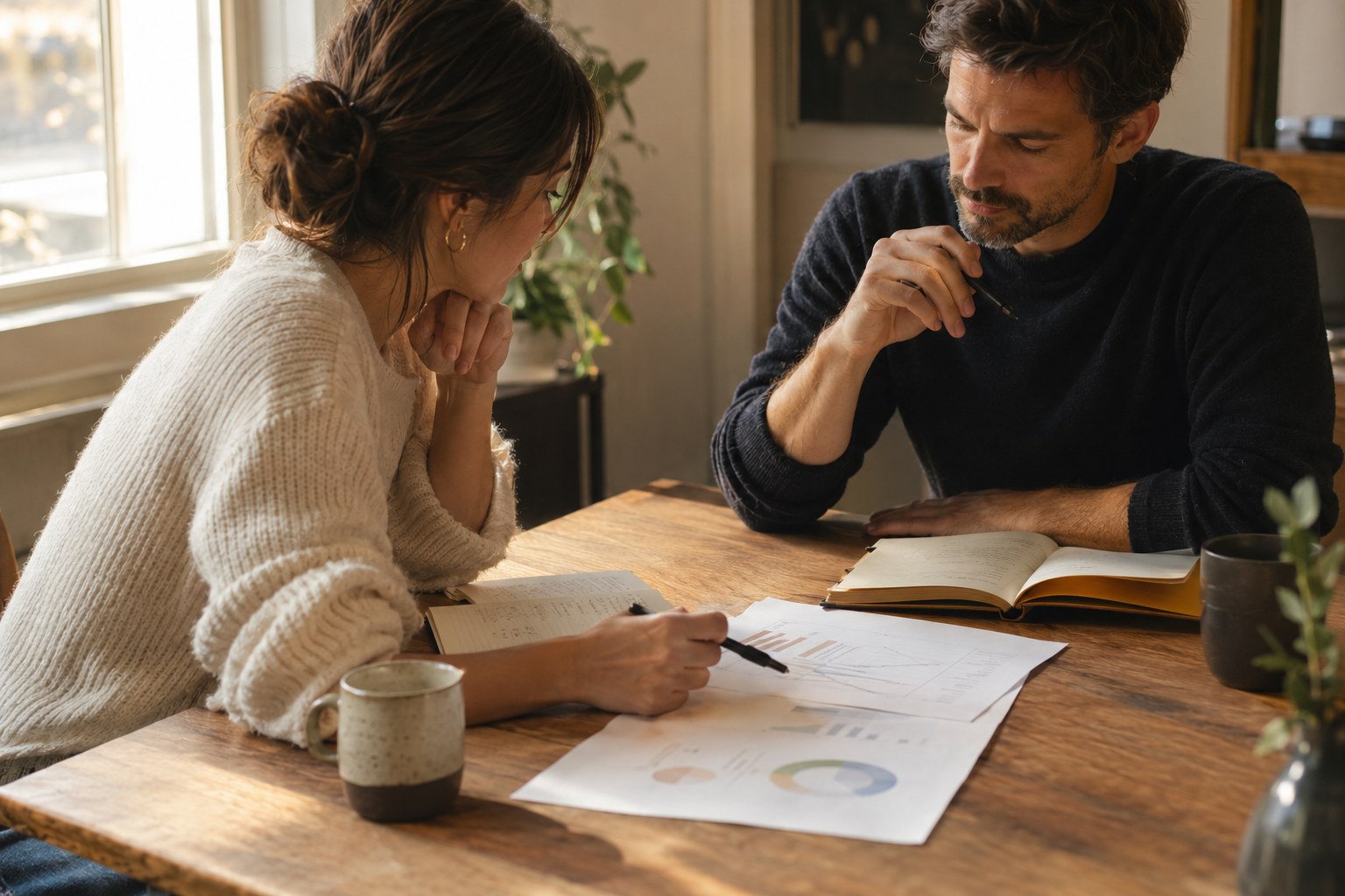Two people reviewing printed charts and notebooks at a wooden table in warm morning light