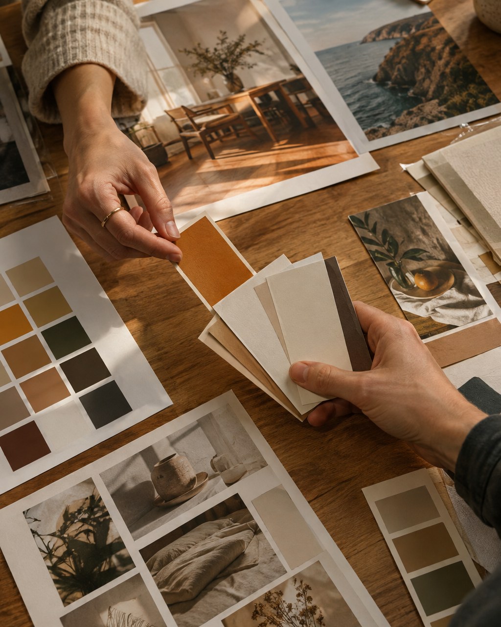 Hands arranging printed brand boards and paper color swatches on a wooden table